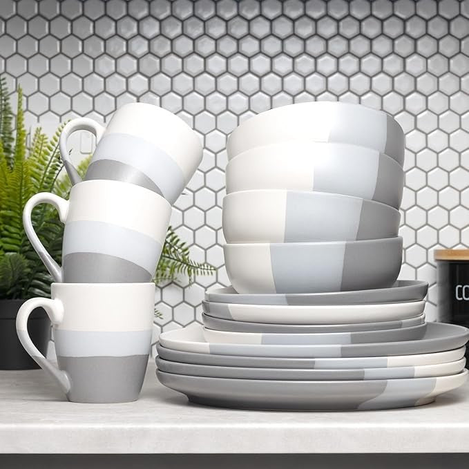 16 Piece Stoneware Dinner Set Plates Bowls Mugs for 4 Cloud Grey Crockery