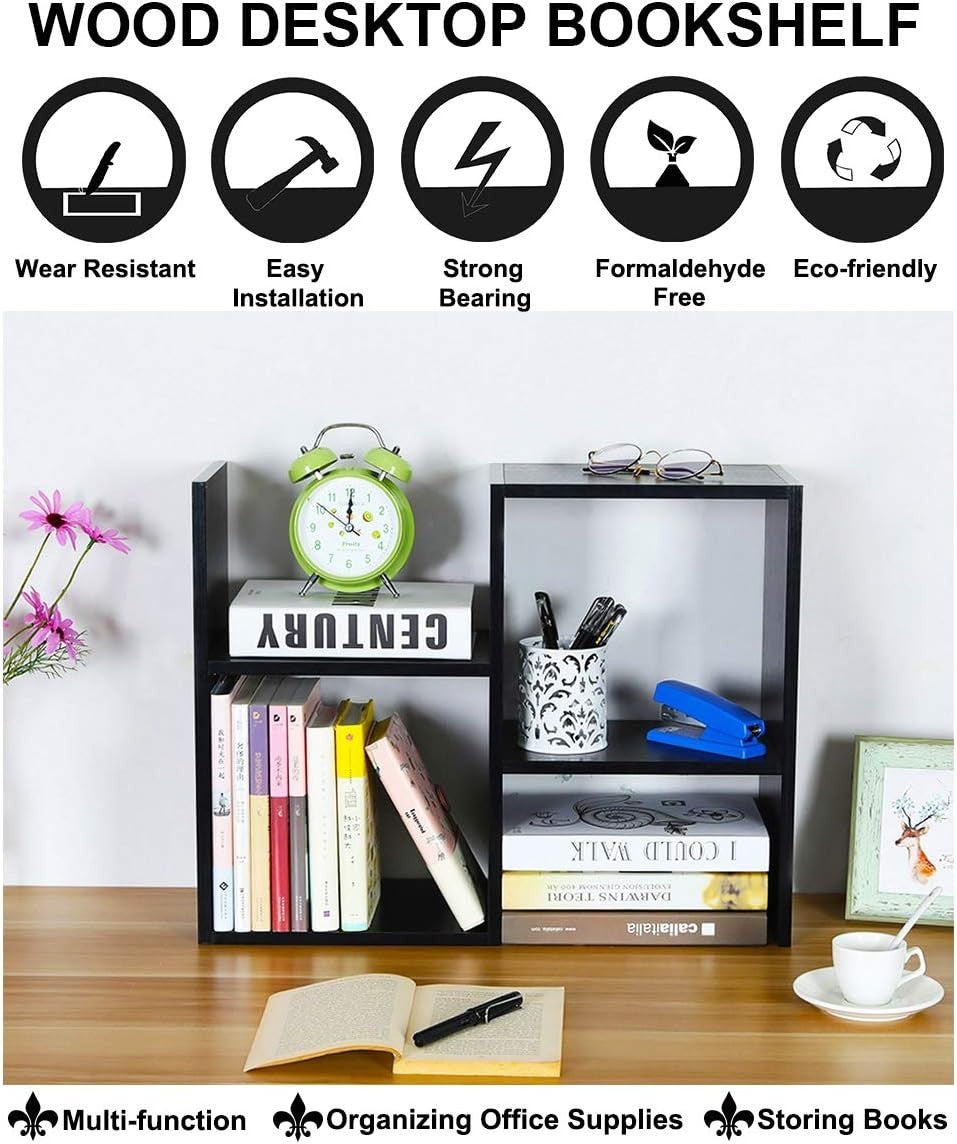 Adjustable Black Desktop Bookshelf 3-Tier Desk Organizer Storage Shelf