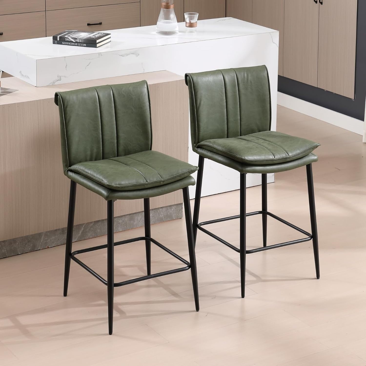 Modern Bar Stools Set of 2 PU Leather Counter Height Kitchen Chairs