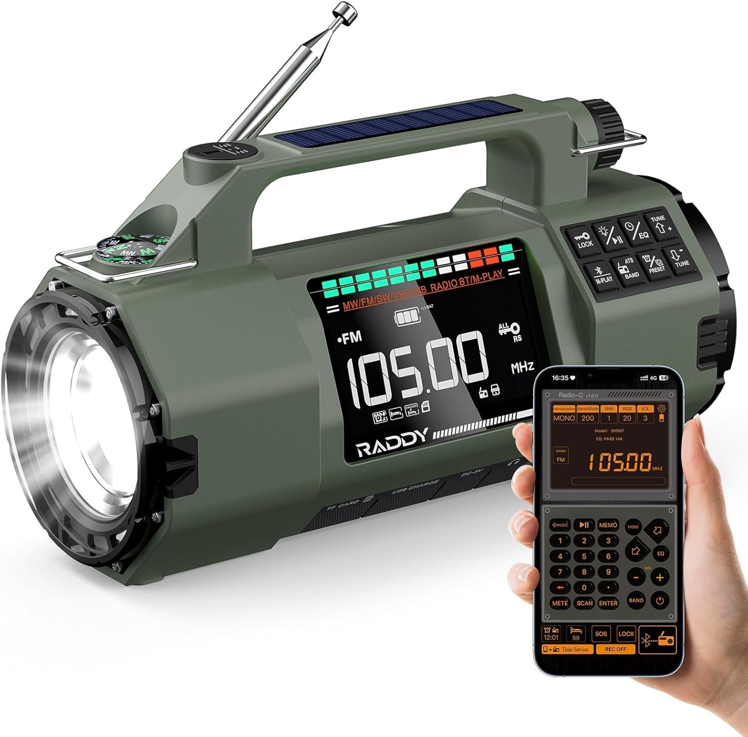 Emergency Radio with APP Control, Hand Crank, Solar, AM/FM/SW/VHF