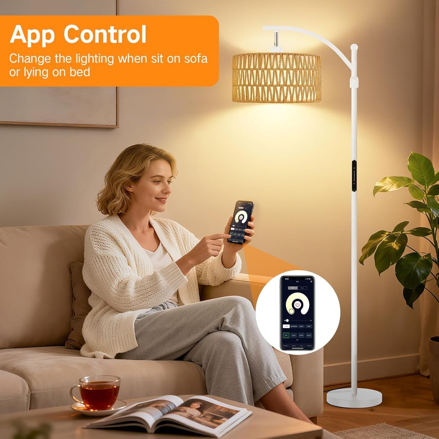 Smart Rattan Floor Lamp Remote App Dimmable Adjustable LED Boho Standing Light