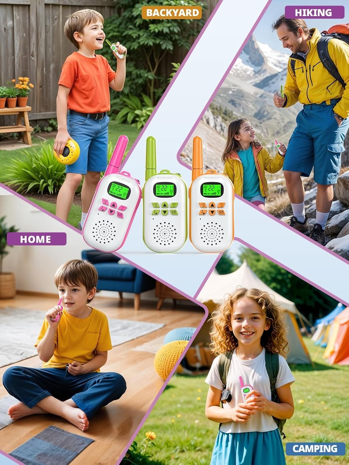 Kids Rechargeable Walkie Talkies 3 Pack Long Range VOX 48H Battery