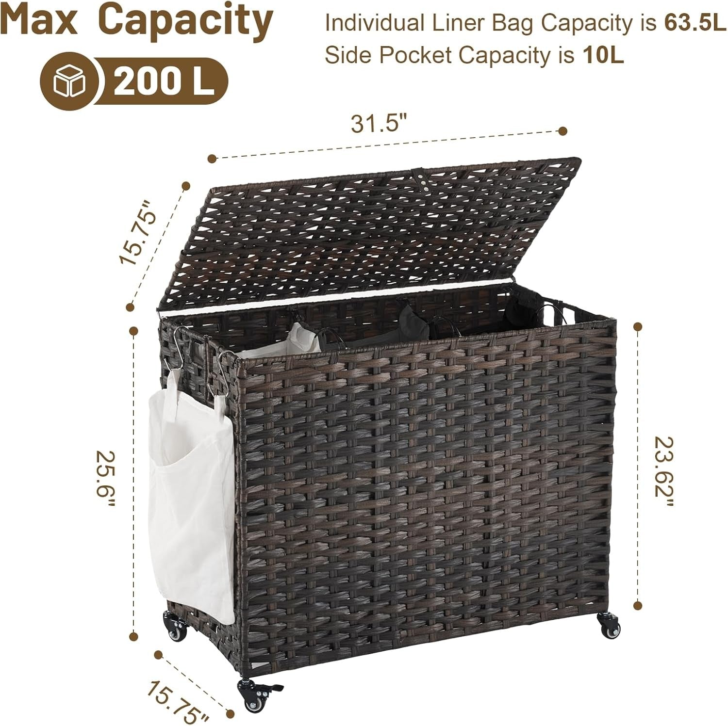 200L Wicker Laundry Hamper on Wheels with Lid | 3 Removable Bags & Side Pocket |