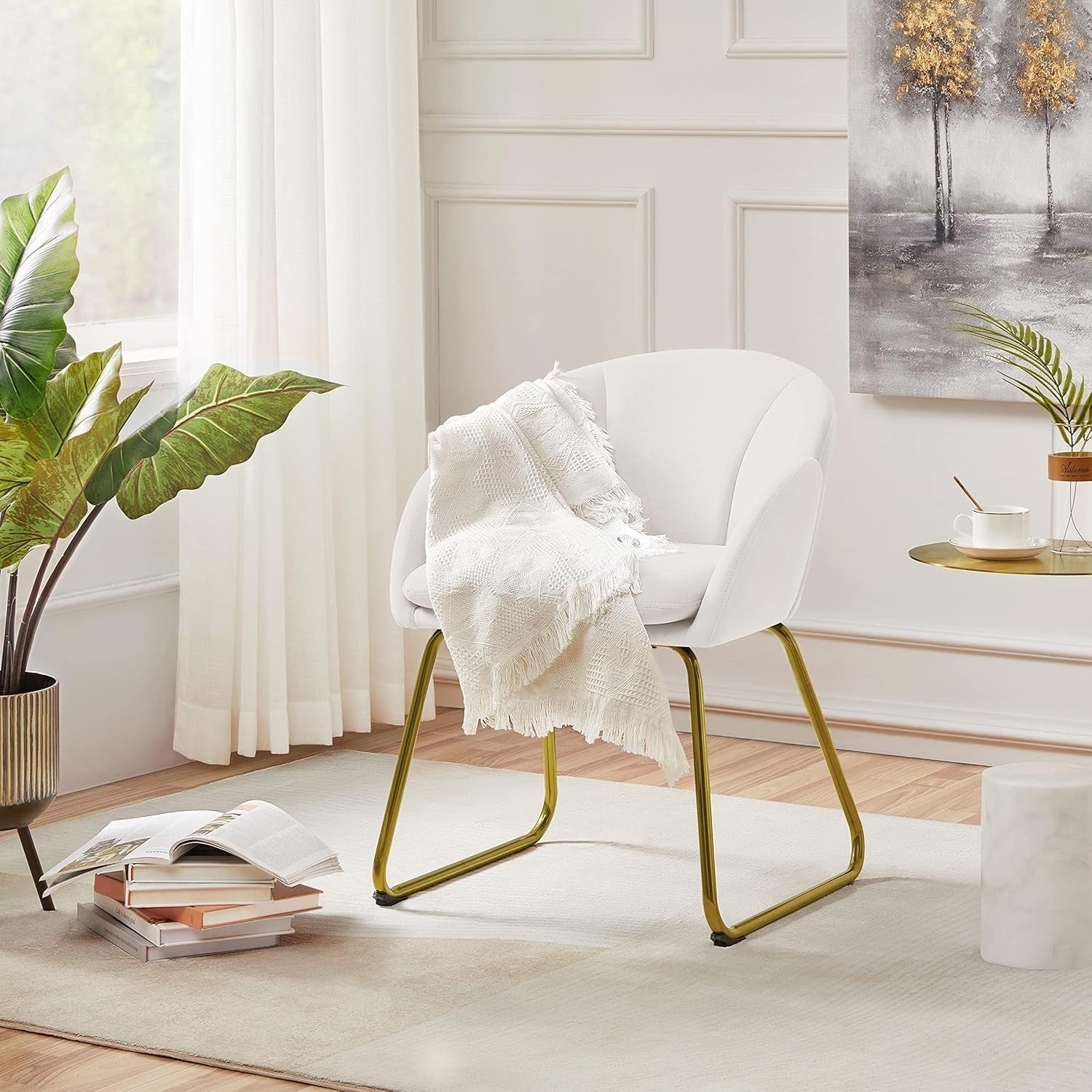 White Velvet Tub Vanity Chair Petal Accent Armchair with Gold Metal Legs