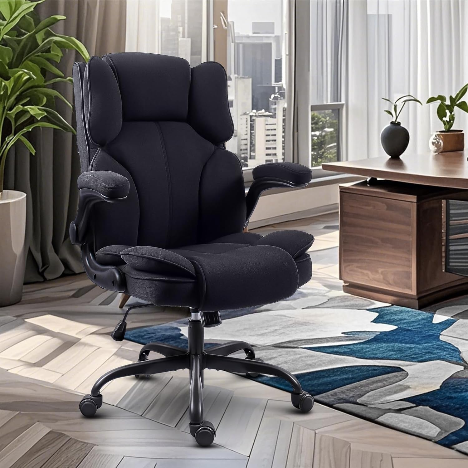 Ergonomic Office Chair Fabric 90° Flip-Up Arms Black