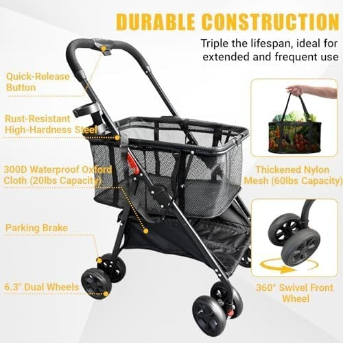 40-Gallon Folding Shopping Cart 360° Wheels Detachable Baskets Portable