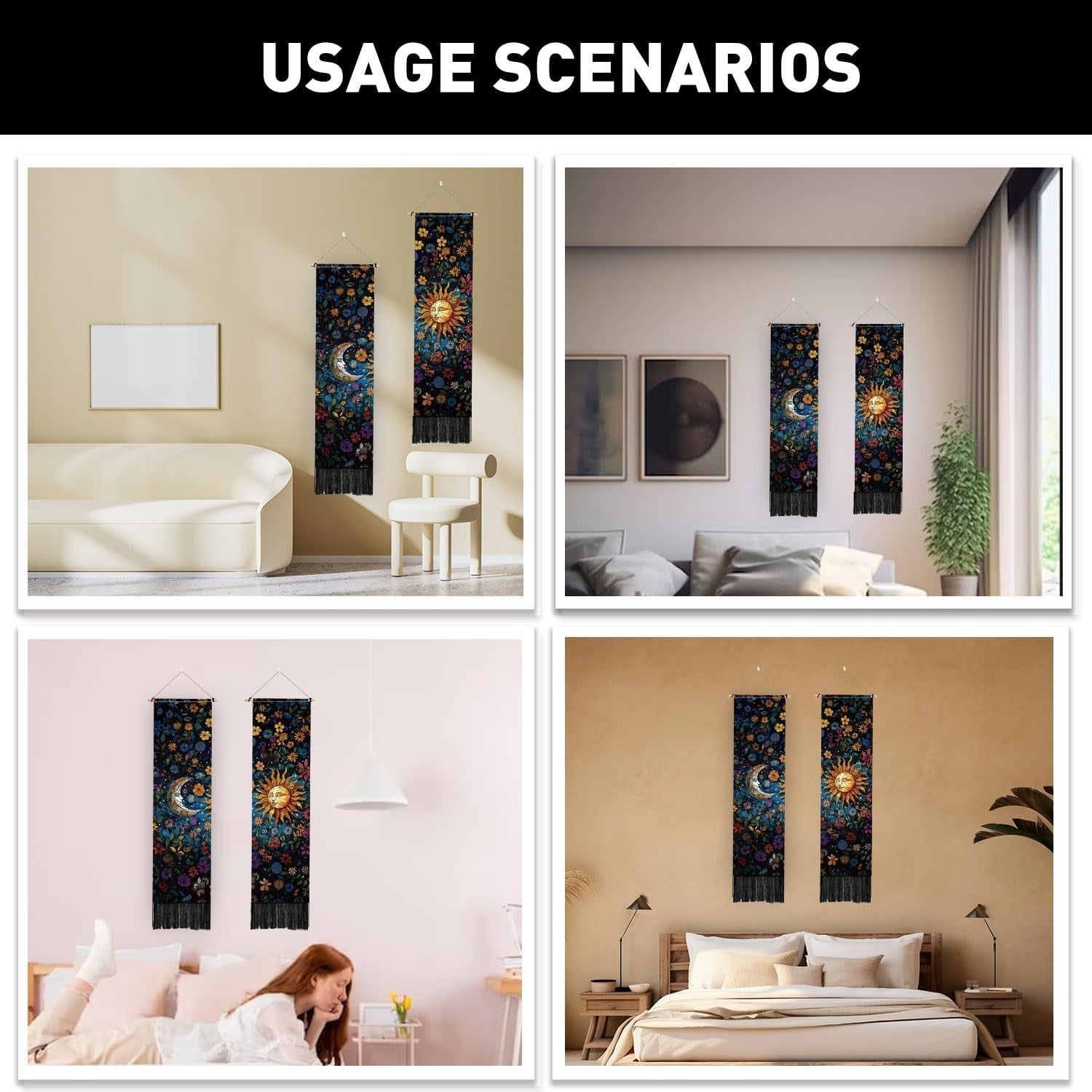 2-Pack Boho Sun & Moon Stained Glass Tapestry 52"x13" Vertical Decor