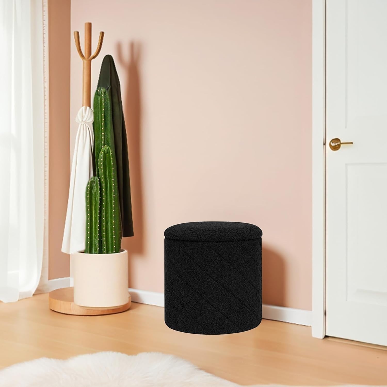 Black Boucle Round Storage Ottoman Stool Folding Footrest Vanity Seat