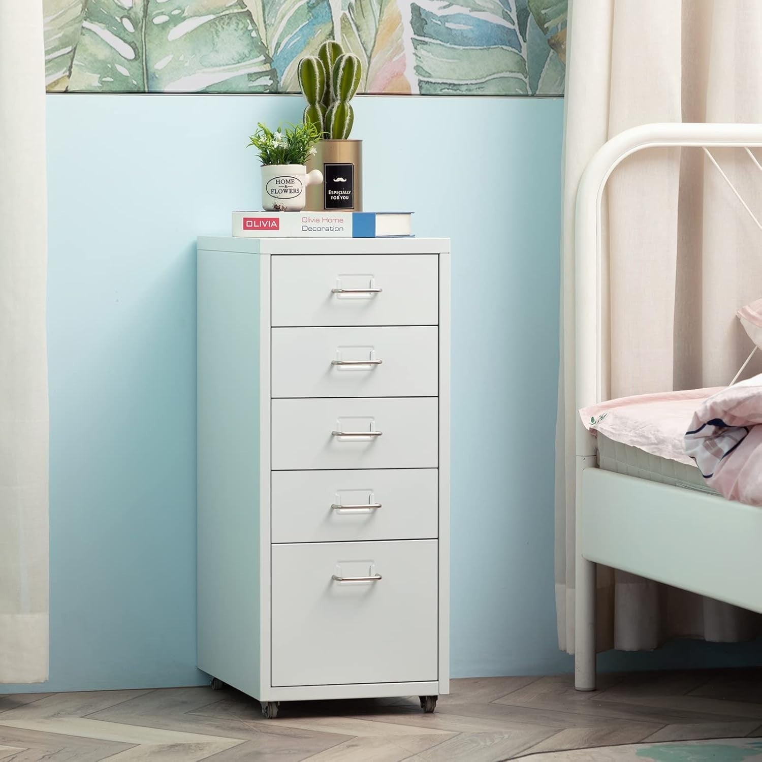 Slim White Metal Rolling Cabinet 5 Drawer Mobile File Storage