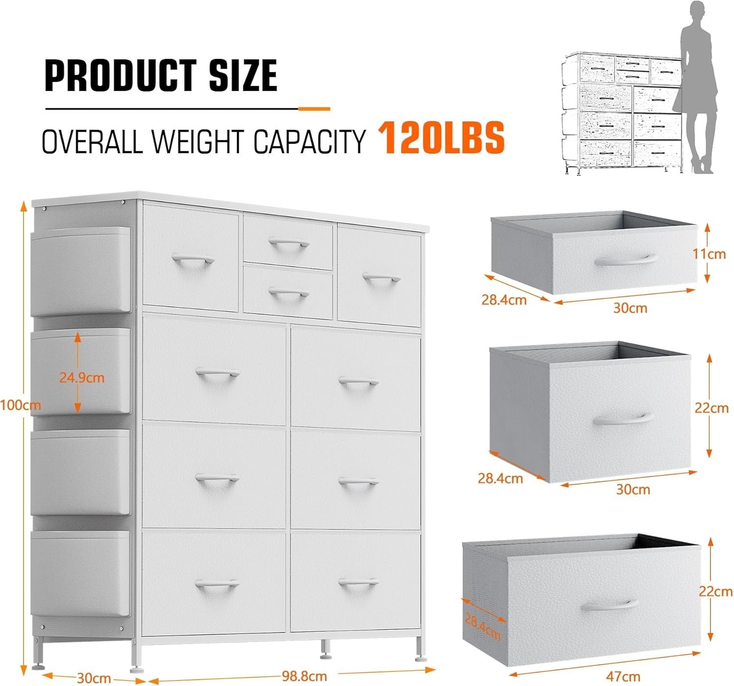 White 10-Drawer Tall Chest Fabric Drawers with Side Hooks & Storage Pockets