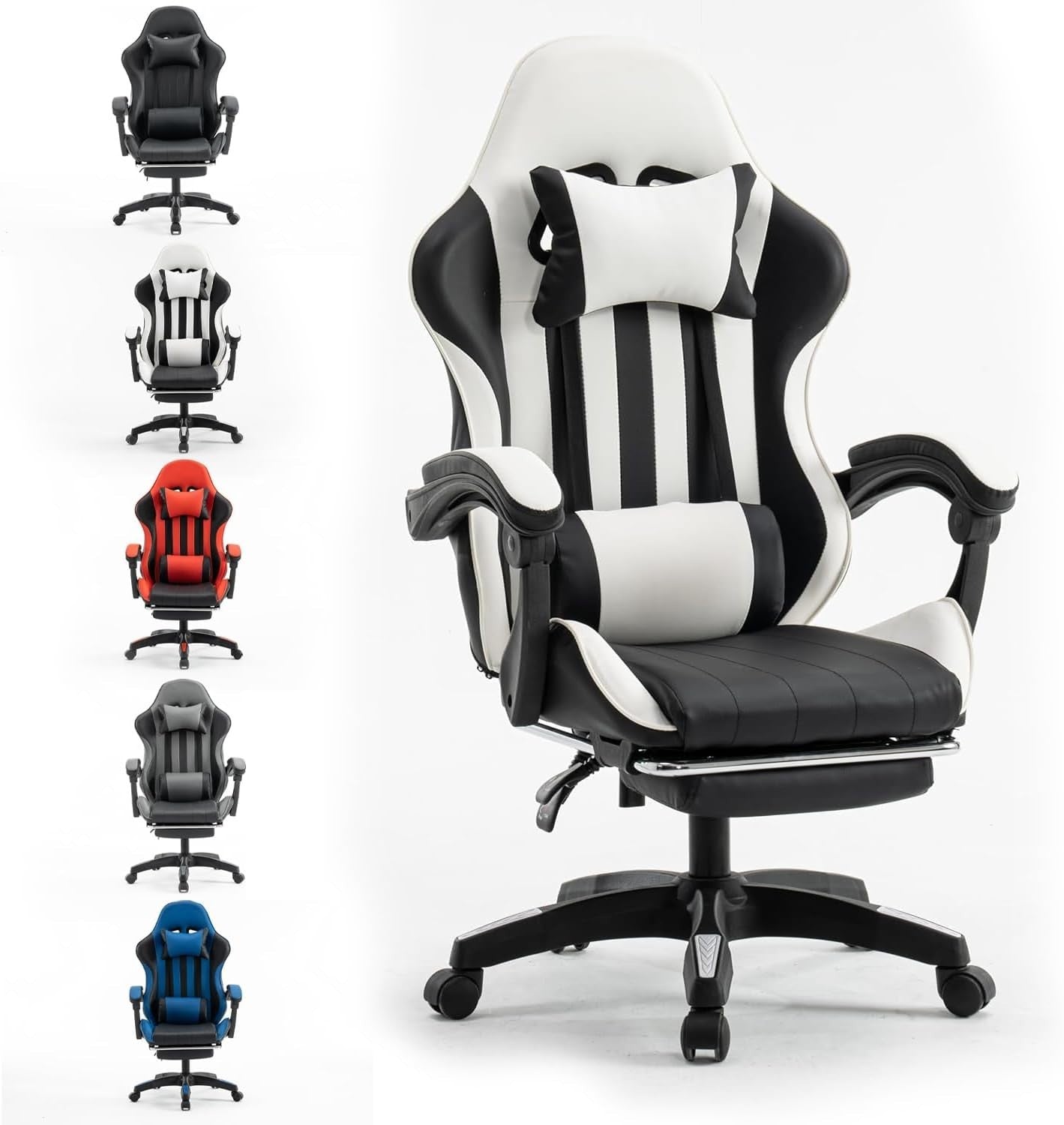 Gaming Office Chair White PU Leather Swivel Adjustable Height Reclining Footrest