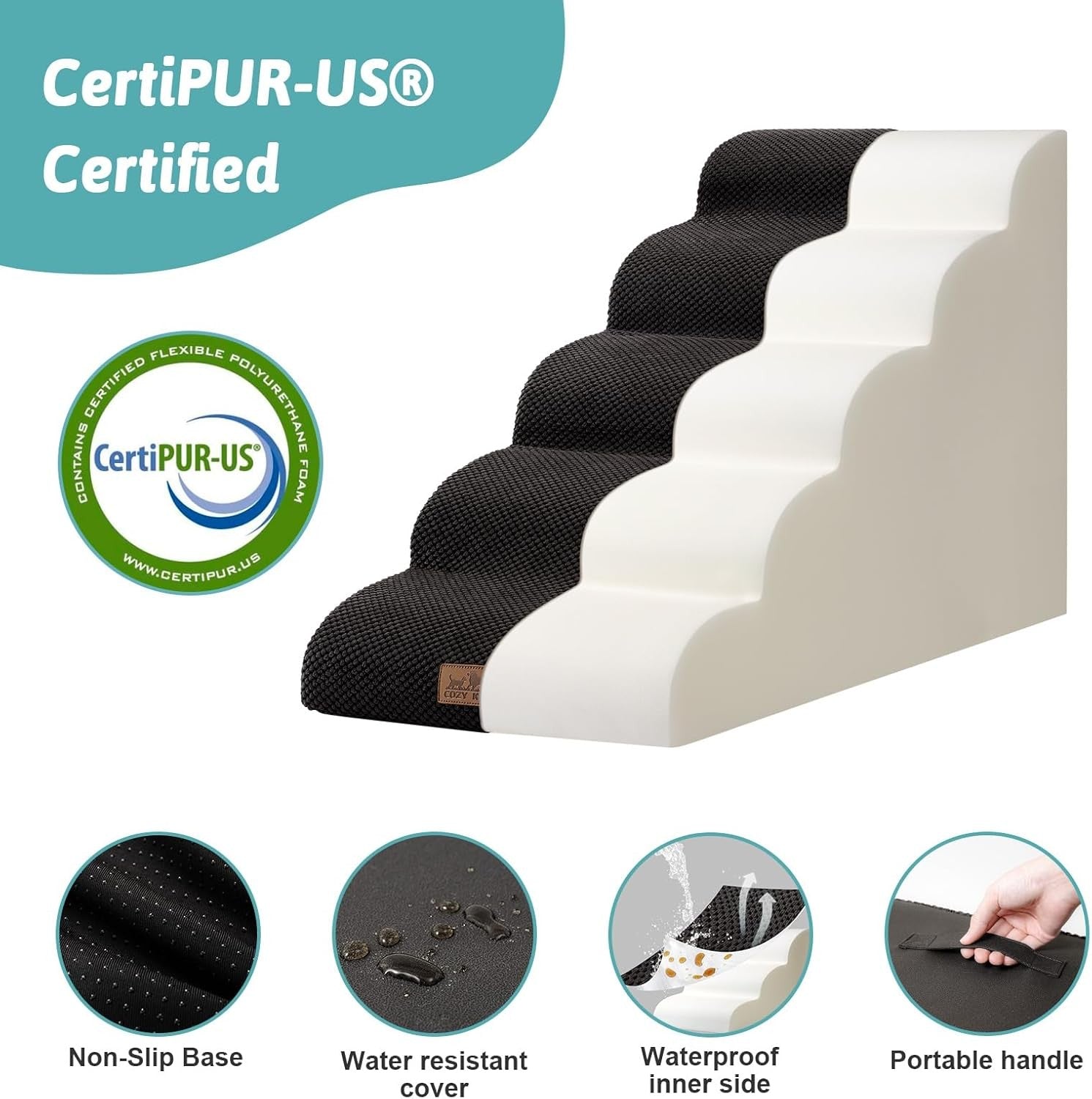 Dog Stairs 5 Step Foam Pet Ramp for Bed Sofa Leakproof Black