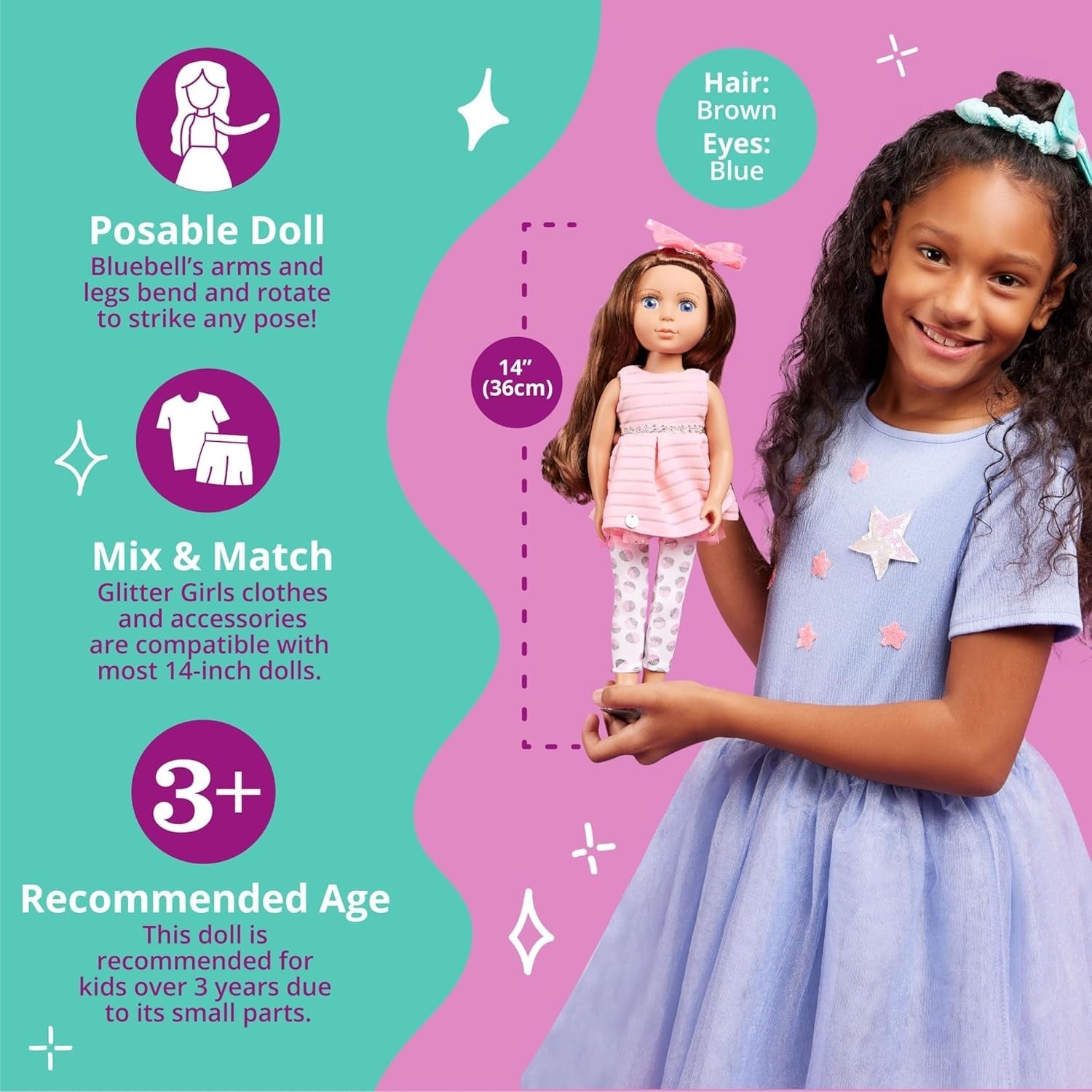 14in Poseable Fashion Doll Brown Hair Blue Eyes Pink Dress Toy