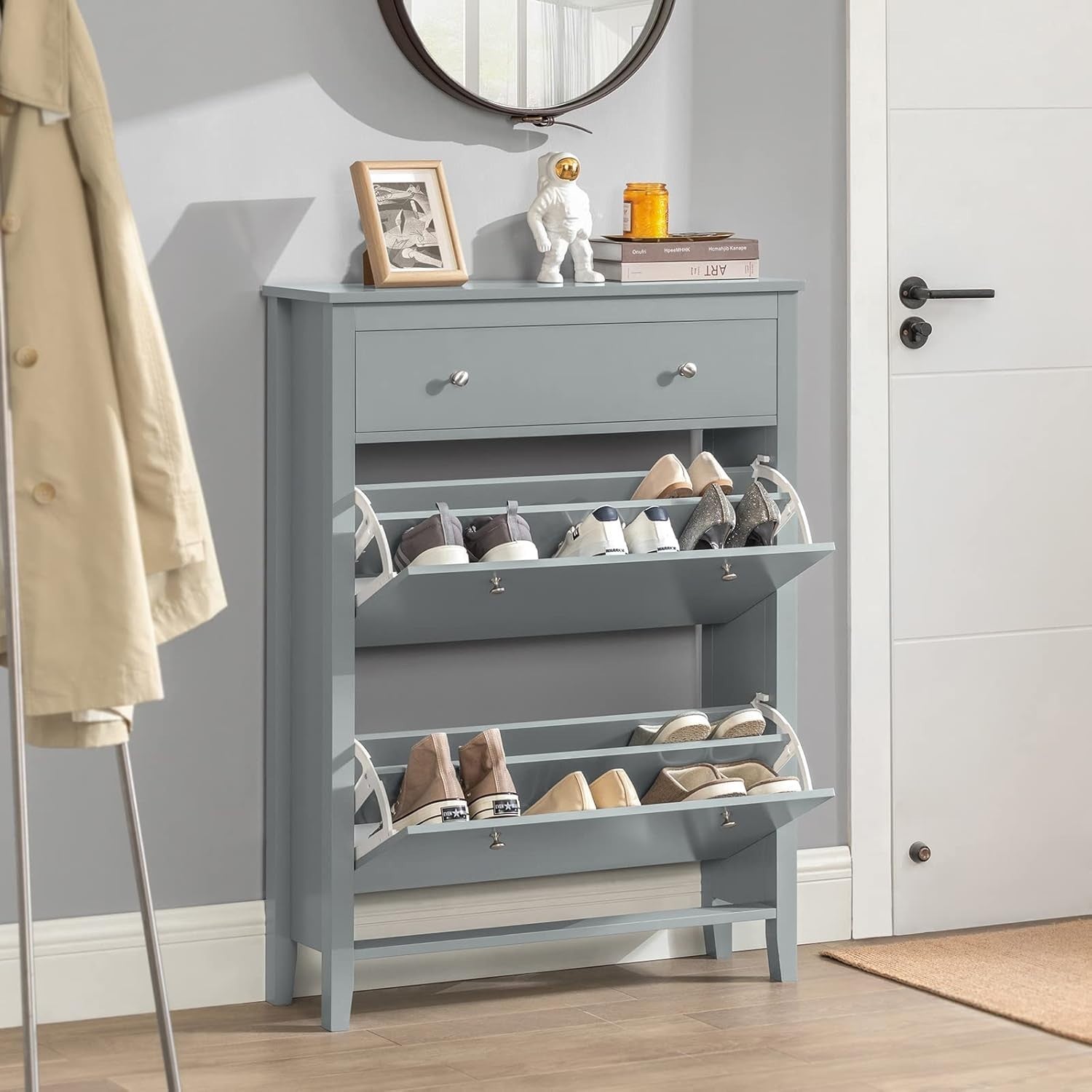 Slim Modern Grey Shoe Cabinet with Drawer & Flip Doors, 12-Pair Storage