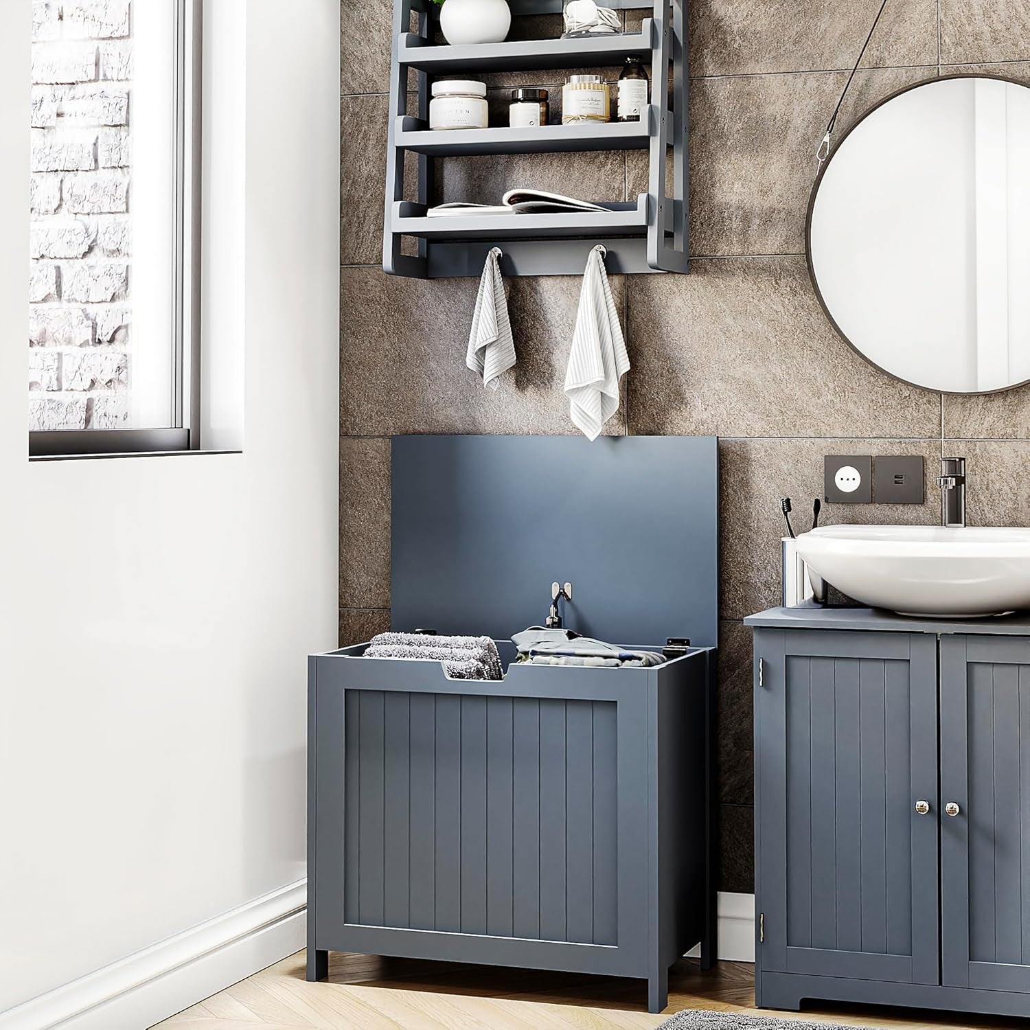 Large Grey Laundry Hamper Modern Hinged Lid Wooden Basket 56×60×35cm FSC Wood