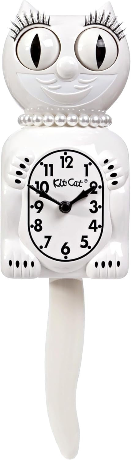 White Cat Wall Clock Vintage 15.5” Retro Eyes Move Tail Wiggles Battery