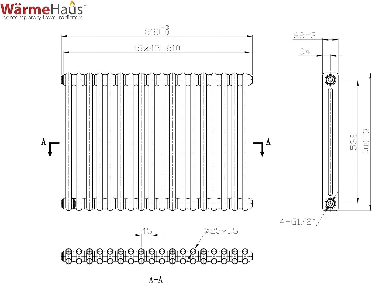 Double Column Horizontal Radiator 600x830mm White Cast Iron Style