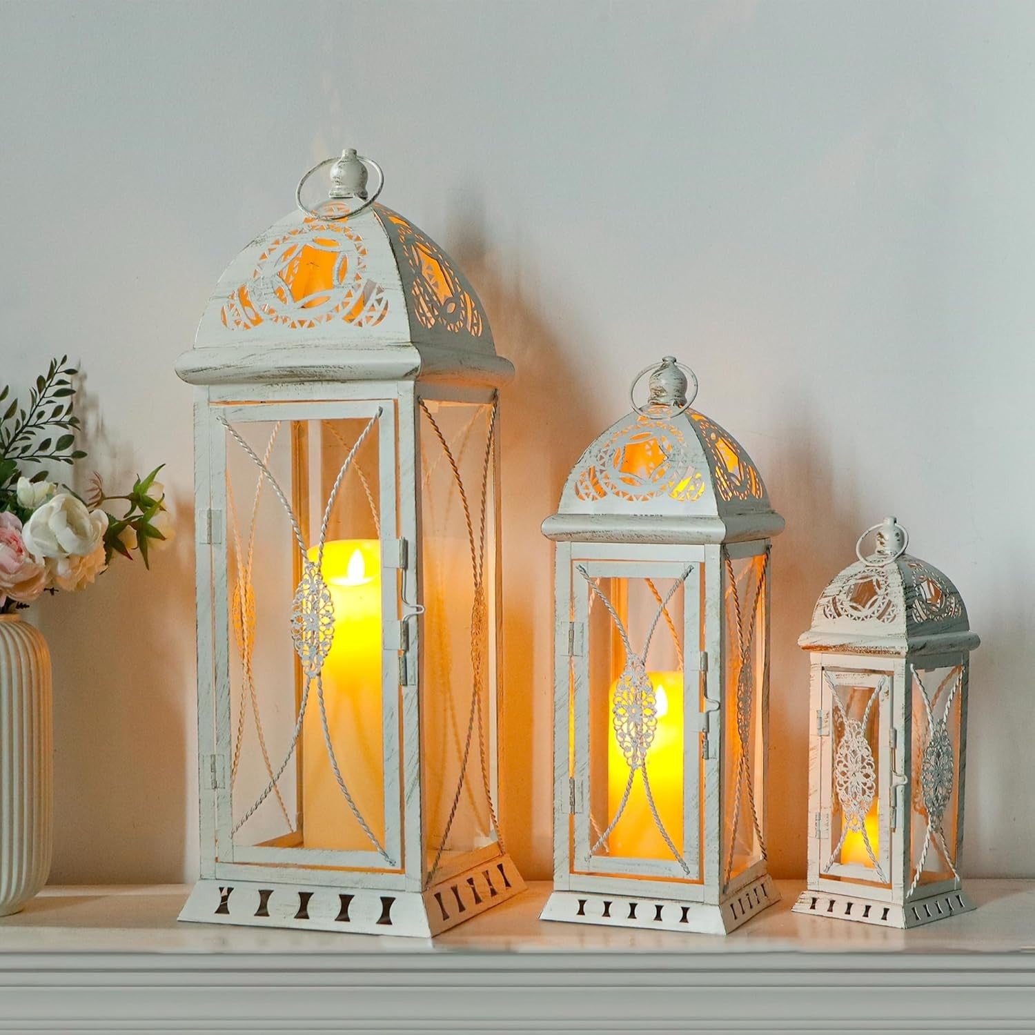 Beige Gold Lantern Set of 3 Vintage Metal Candle Holders