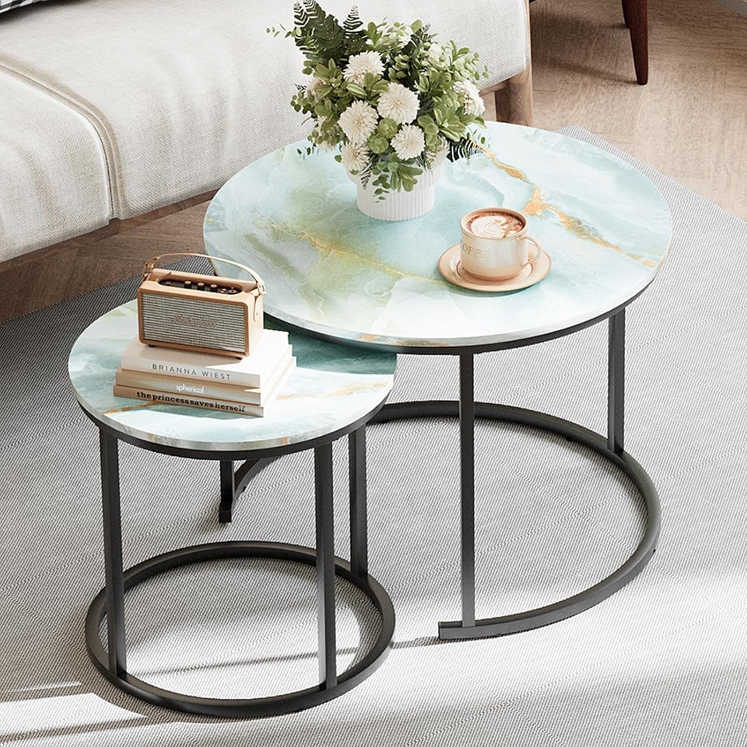 2-Piece Nesting Coffee Table Set, Blue Round Metal & MDF Living Room End Side Ta