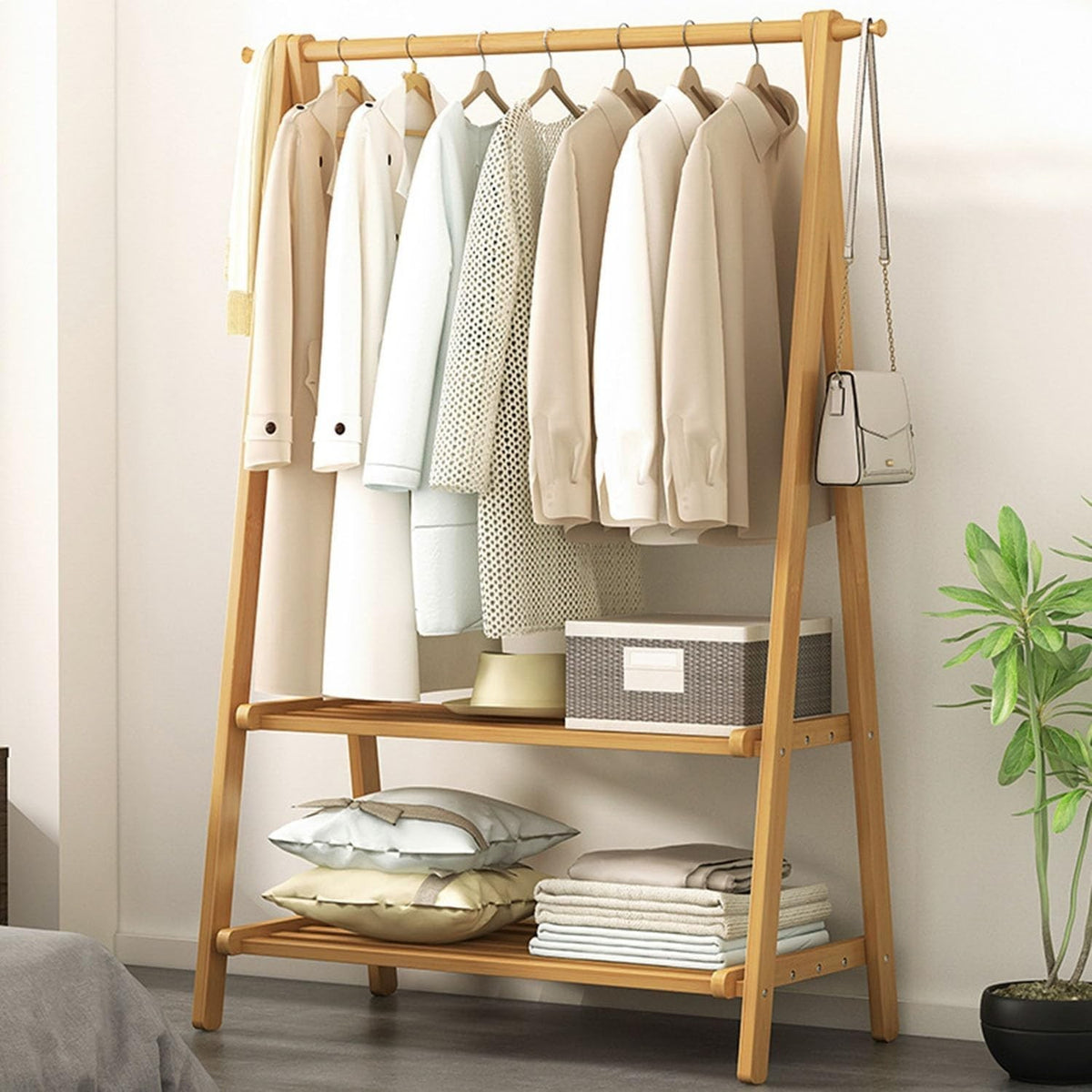 Wooden Clothes Rail Rack Double Layer Storage Shelf Pine Stand 160cm
