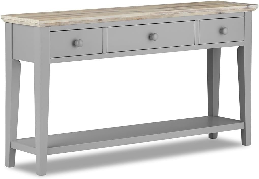 Grey Console Table with Storage Drawers & Shelf, Acacia Top, 143cm