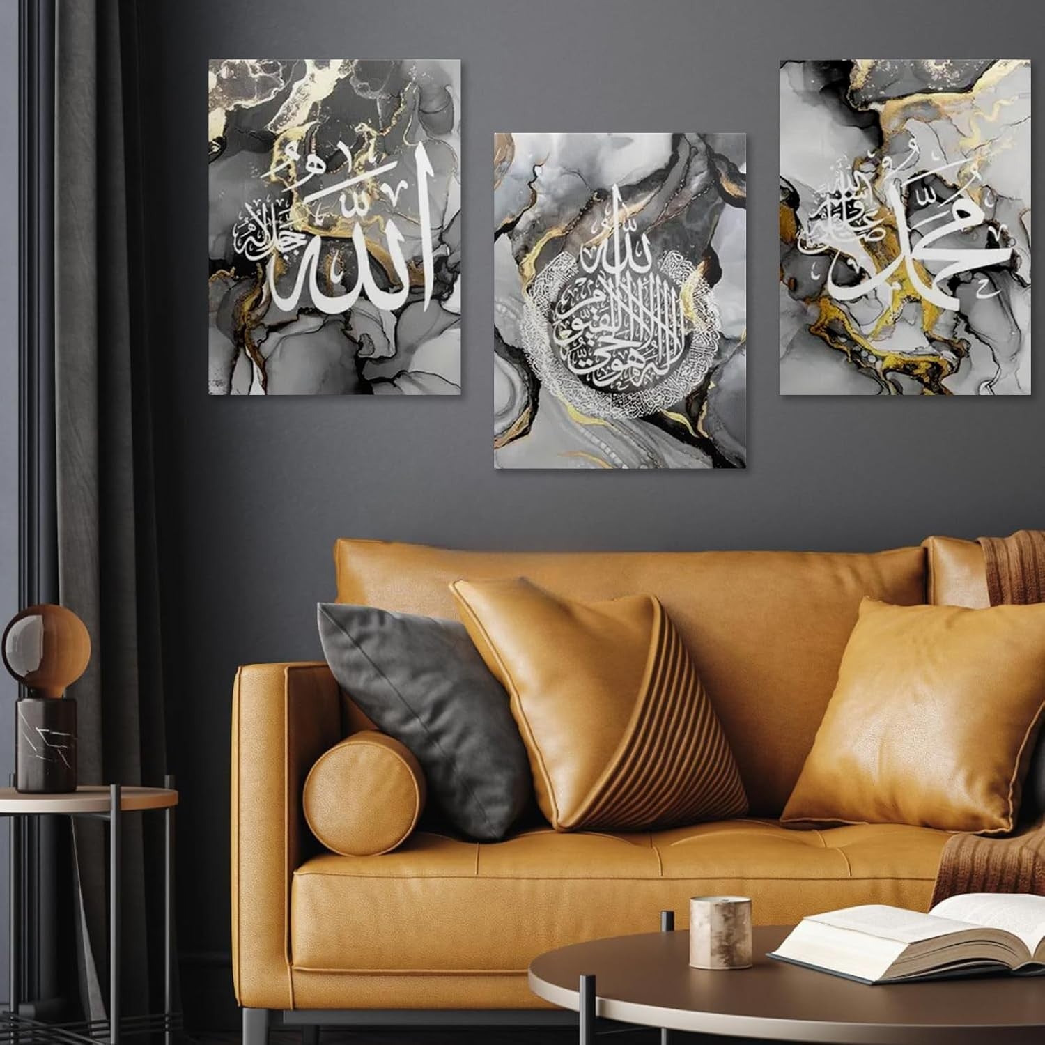 Islamic Wall Art Set of 3 Framed Canvas 30x40cm Grey Marble