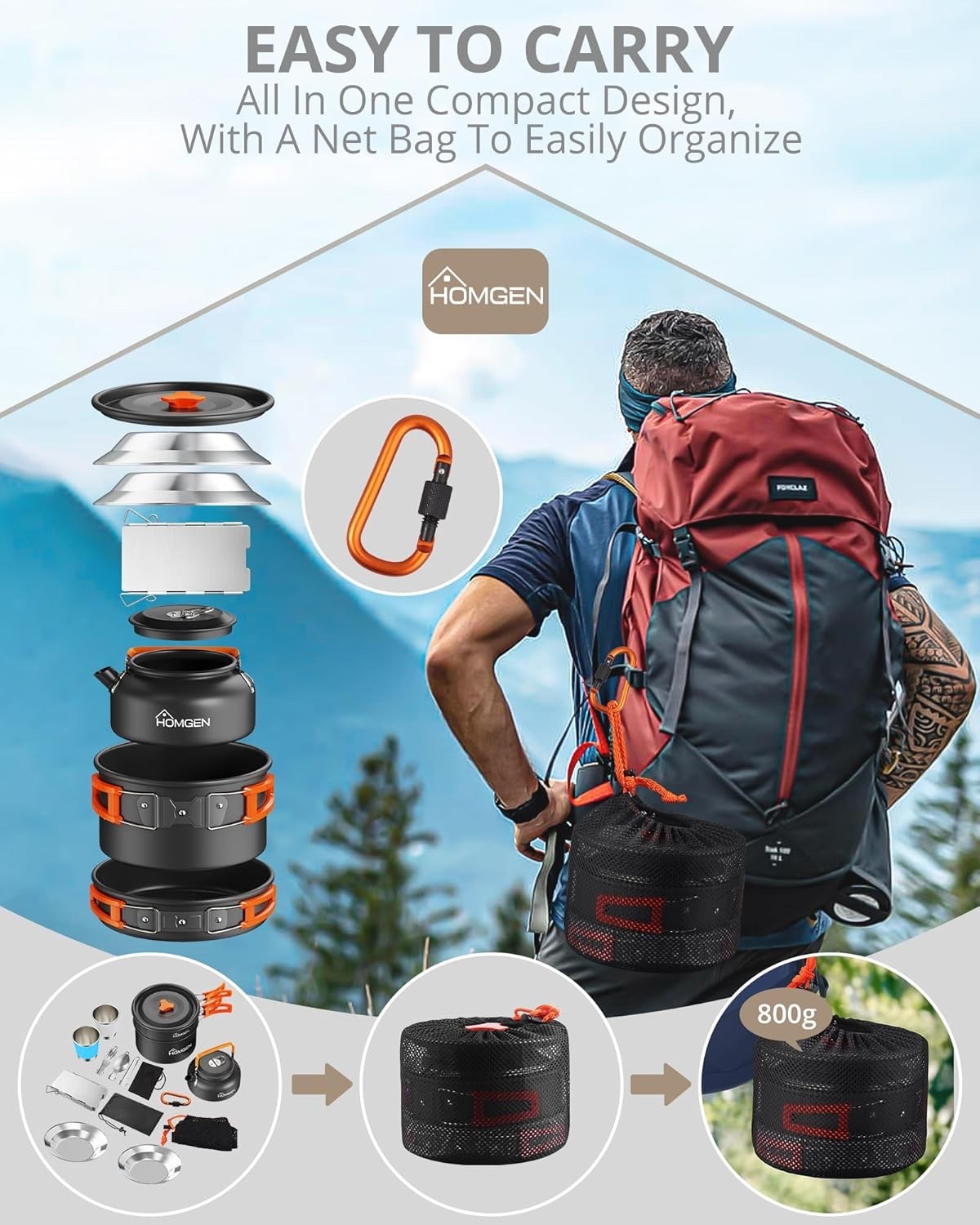 Orange Camping Cookware Set with Pot, Pan, Kettle & Windshield for 2–3 People