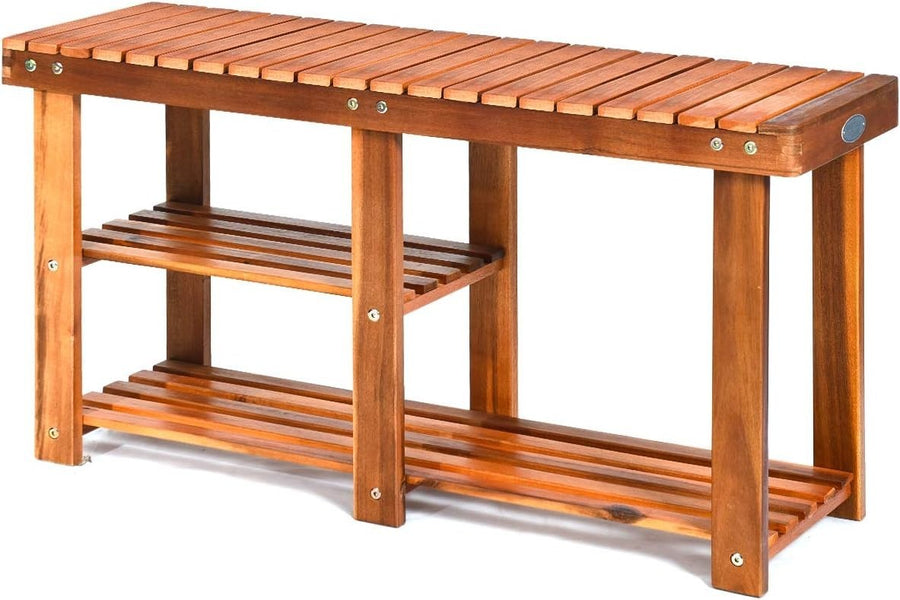 Large 3-Tier Acacia Wood Shoe Rack Bench Wide Storage Seat for Hallway Home