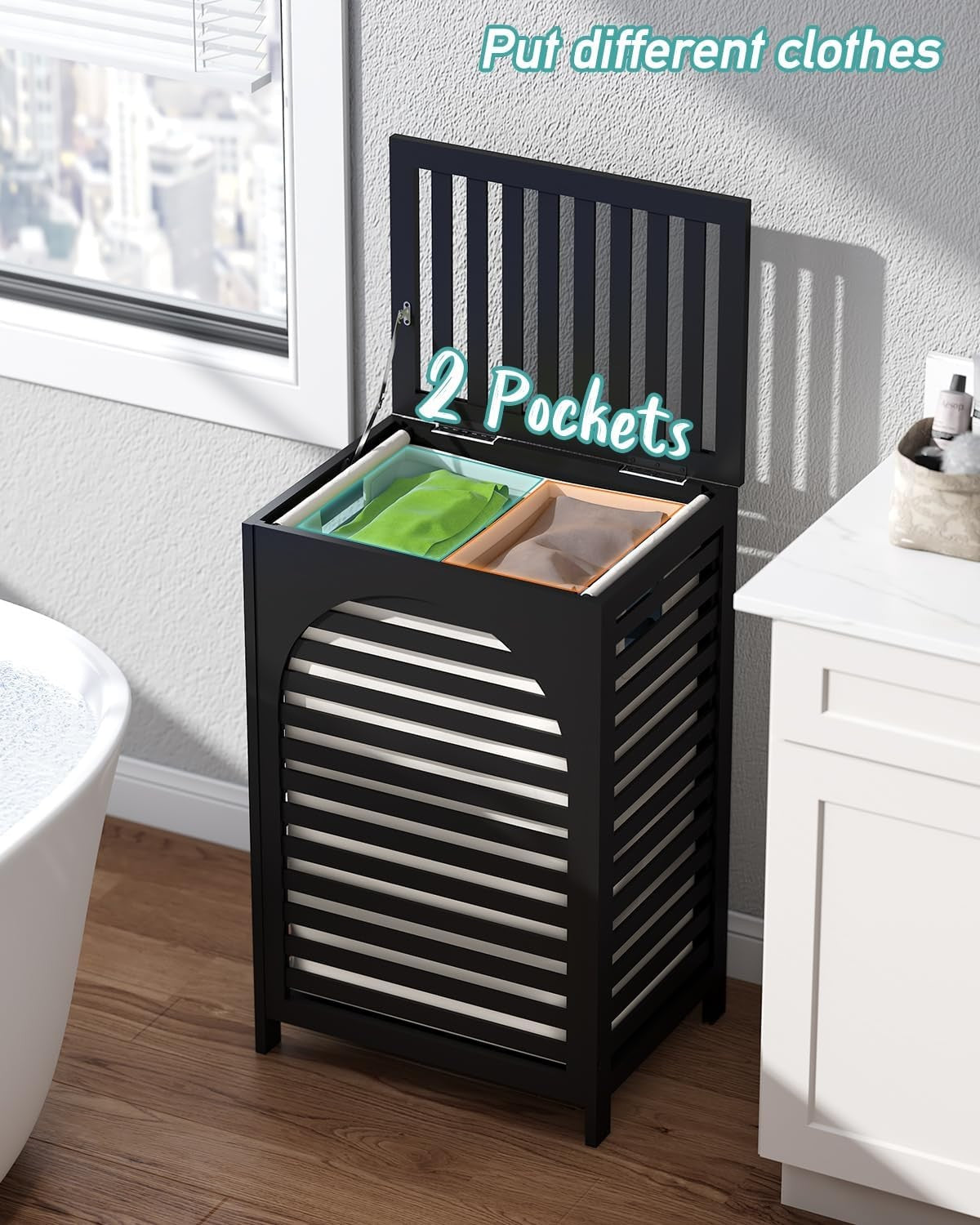 Black Bamboo Laundry Hamper 85L with Lid & Removable Liner | Ventilated Clothes