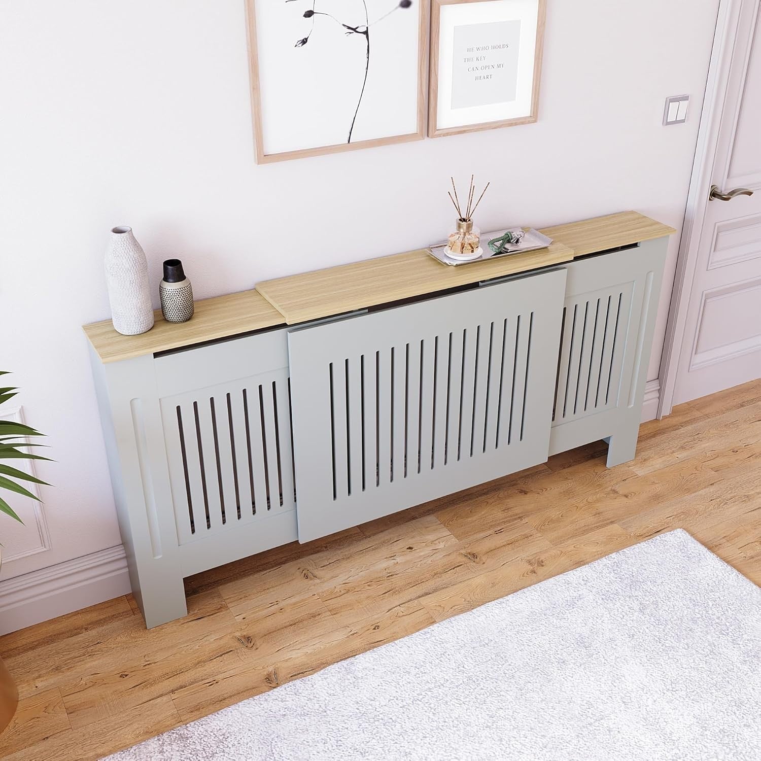 Adjustable Olive Grey Radiator Cover Cabinet MDF Slatted Grill with Shelf