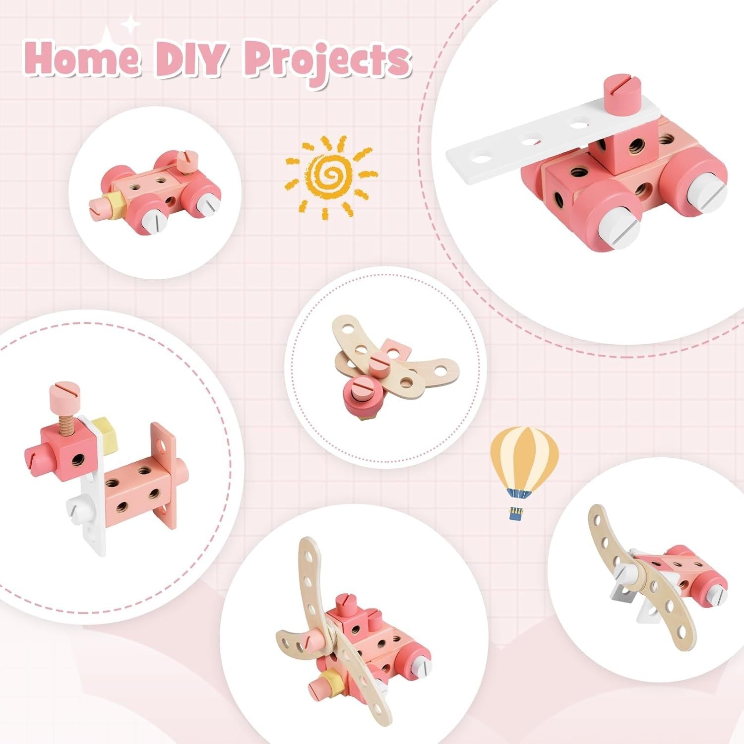Pink Wooden Kids Workbench Tool Set 75pcs w/ Blackboard Clock Storage 50x29