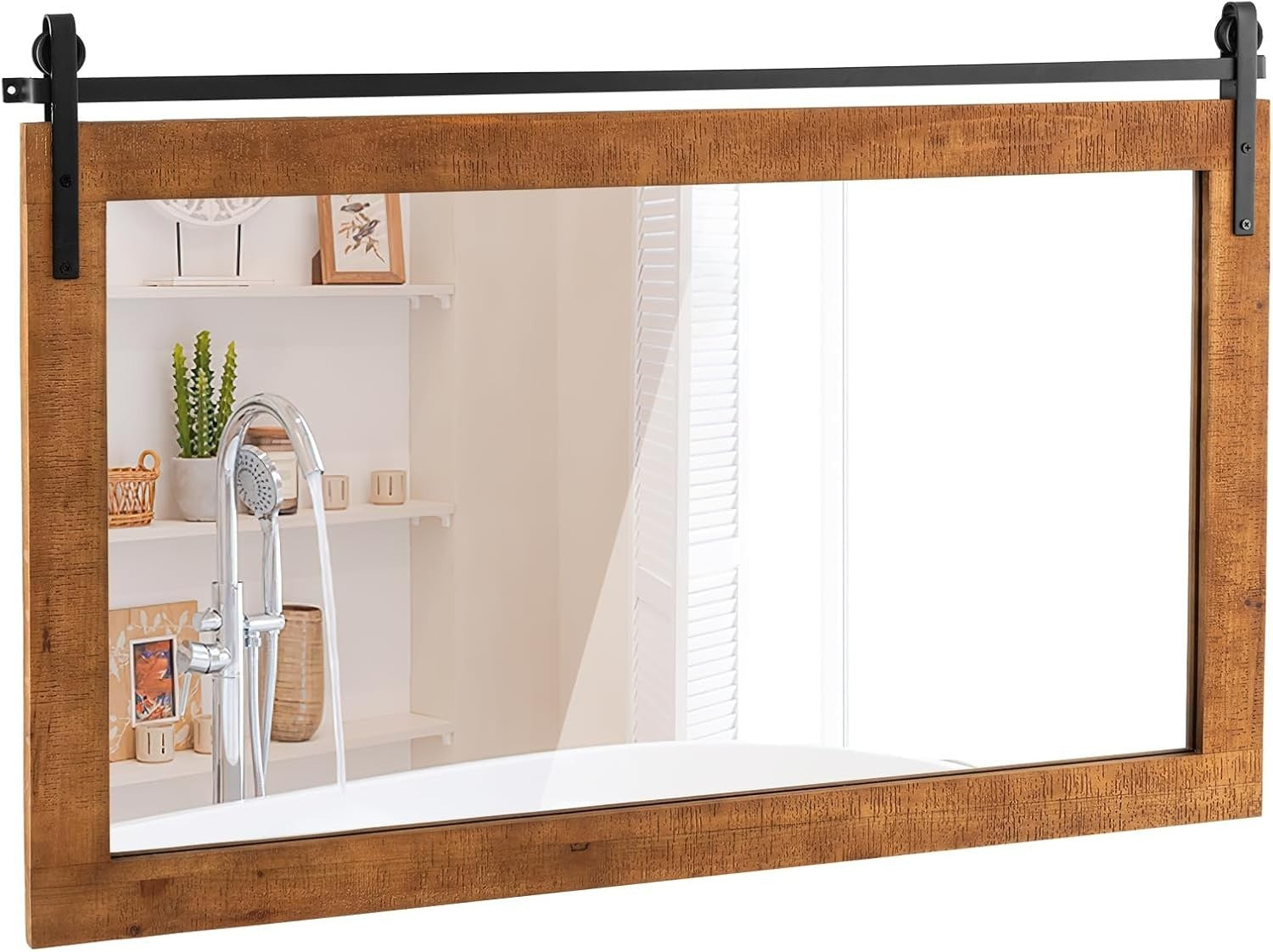 Rustic Barn Door Wall Mirror 101x66cm Wood Frame Farmhouse Vanity Decor