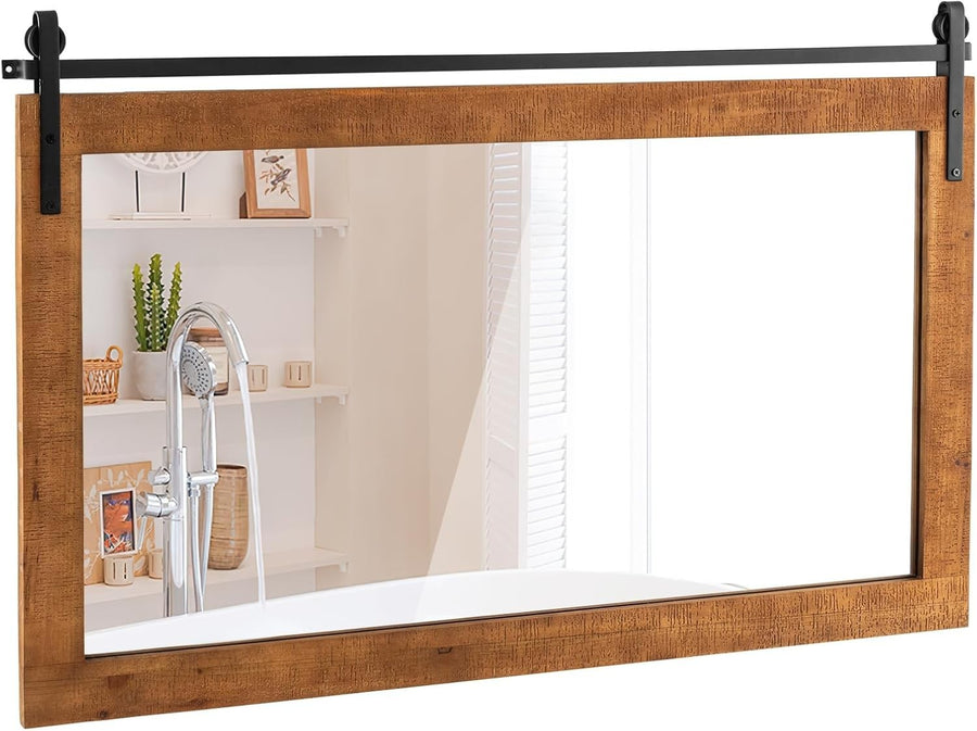Rustic Barn Door Wall Mirror 101x66cm Wood Frame Farmhouse Vanity Decor