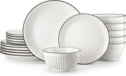 18 Piece White Dinner Set for 6 Embossed Porcelain Plates Bowls Black Rim