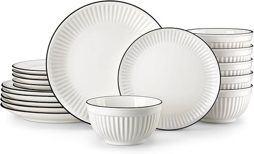 18 Piece White Dinner Set for 6 Embossed Porcelain Plates Bowls Black Rim