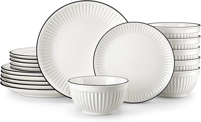 18 Piece White Dinner Set for 6 Embossed Porcelain Plates Bowls Black Rim