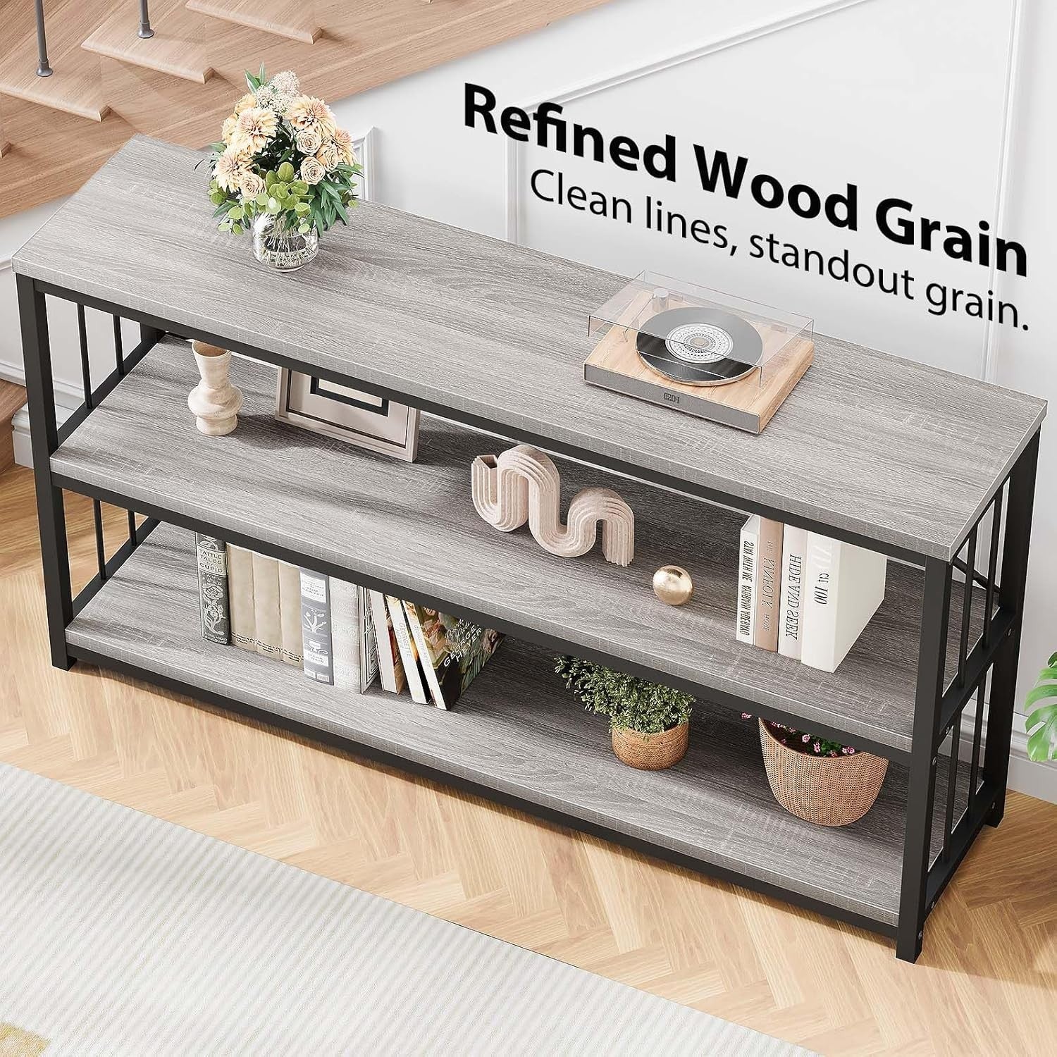 Industrial Console Table 3-Tier Storage, Metal Frame, Rustic Entryway Shelf, 140