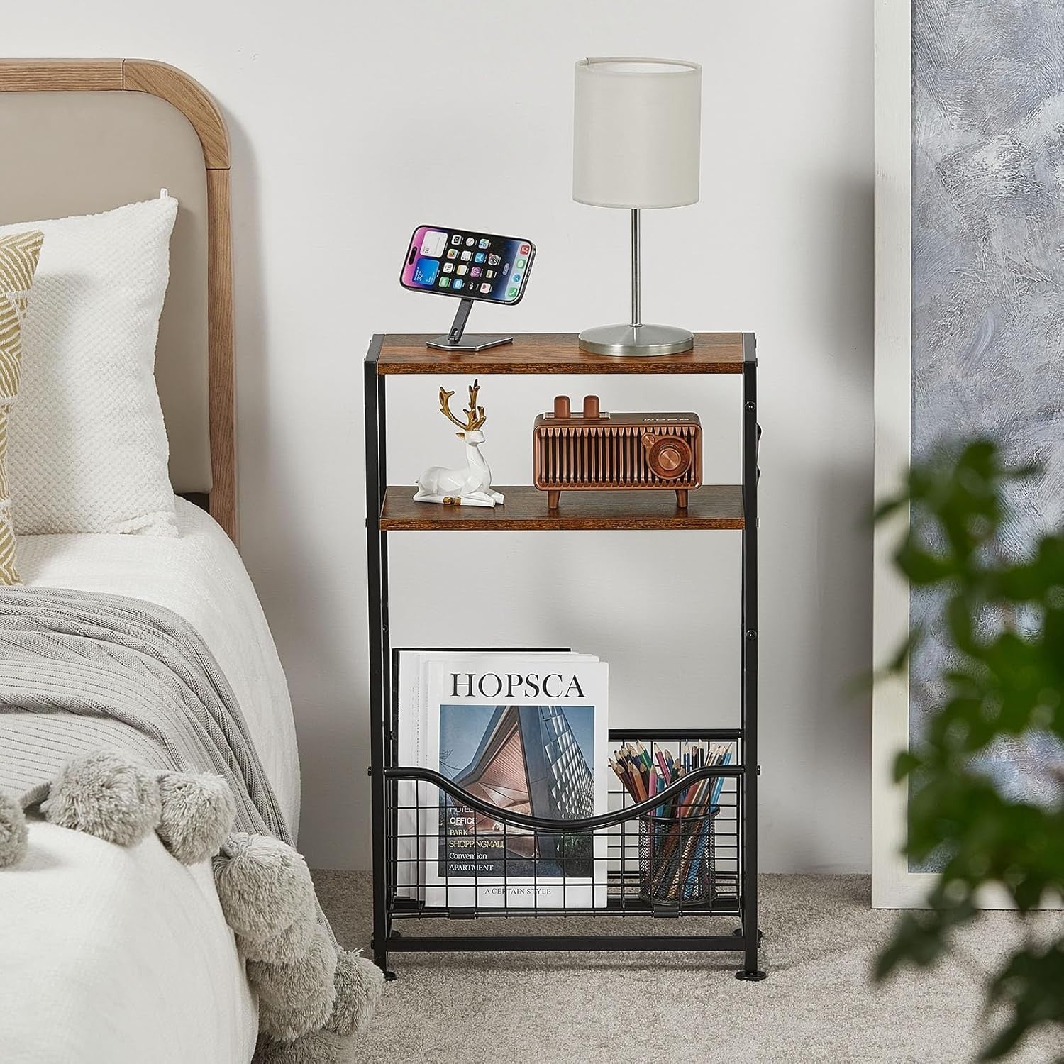 3-Tier Narrow Side Table 30x30x50 cm | Slim End Table w/ Magazine & Fabric Stora