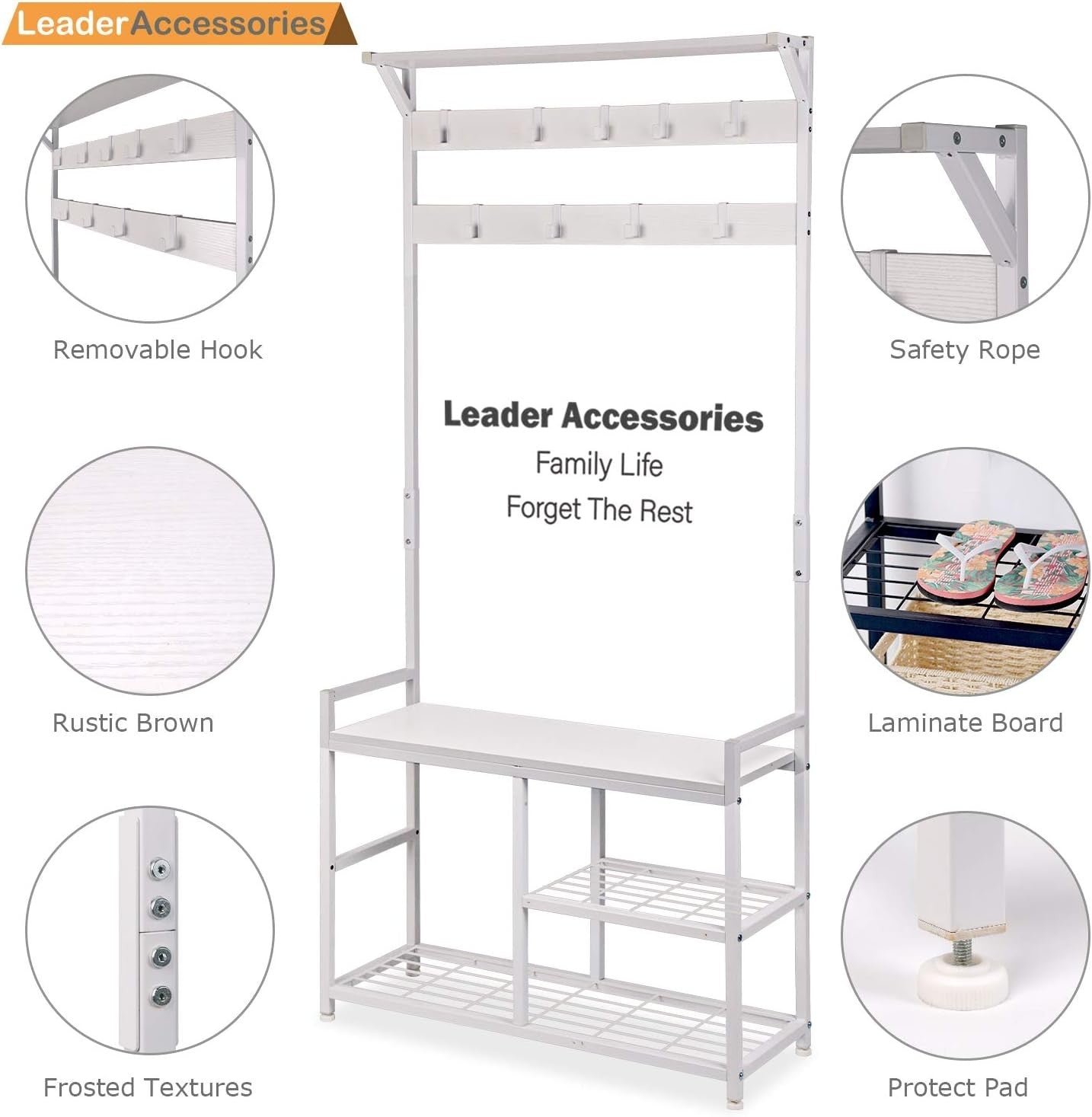 White Industrial Coat Rack with Shoe Bench | 9 Hooks Metal Frame Hall Tree
