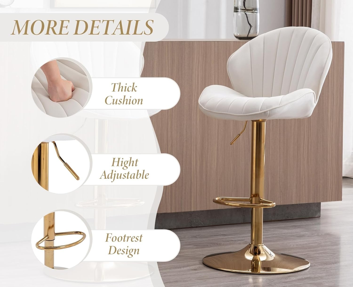 Beige Velvet Swivel Bar Stools Set of 2 Adjustable Kitchen Counter Chairs