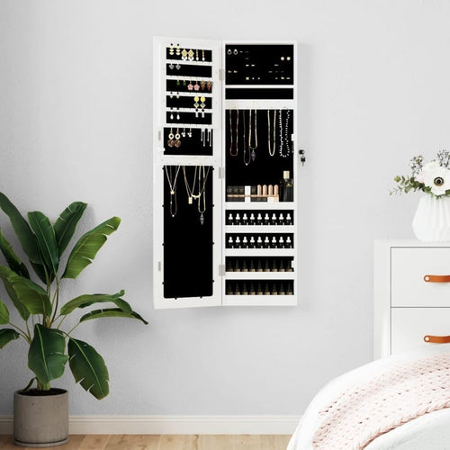 Slim Wall Mounted Jewelry Cabinet Mirror Lockable Vertical Storage White