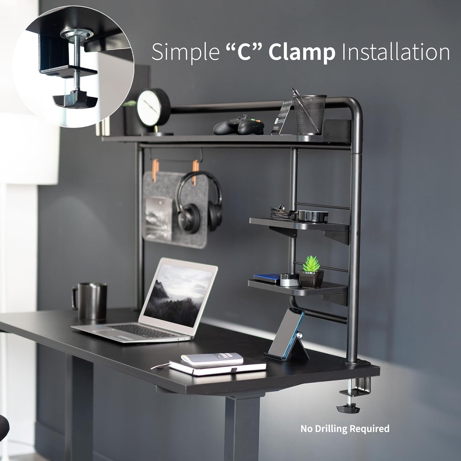Clamp-On Desktop Shelving System 127cm Multi-Tier Desk Organizer Black