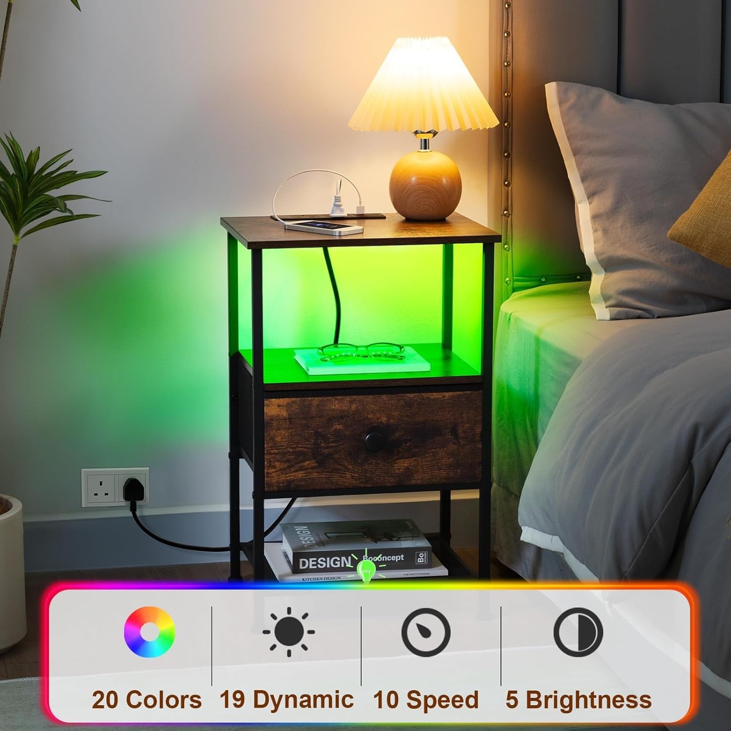 Set of 2 Rustic LED Bedside Tables with Charging Station, Fabric Drawer & Storag