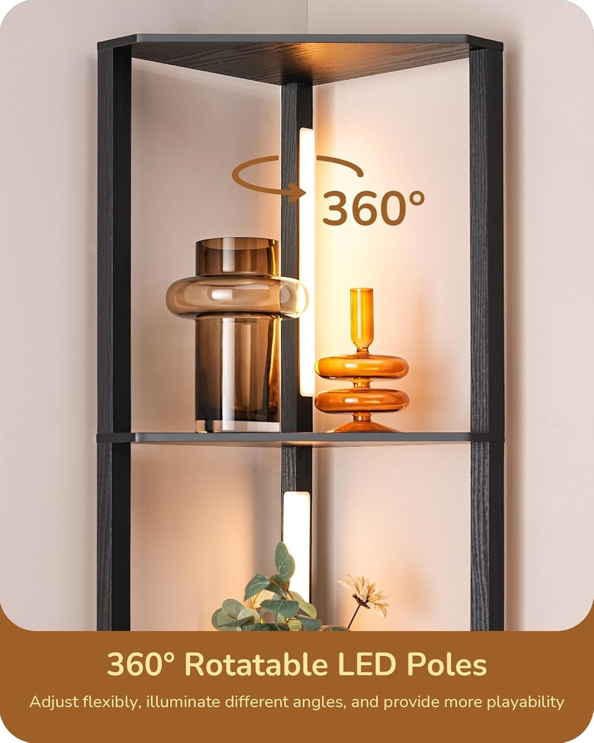 LED Floor Lamp with Shelves Black Wood 4-Tier Corner Light for Living Room
