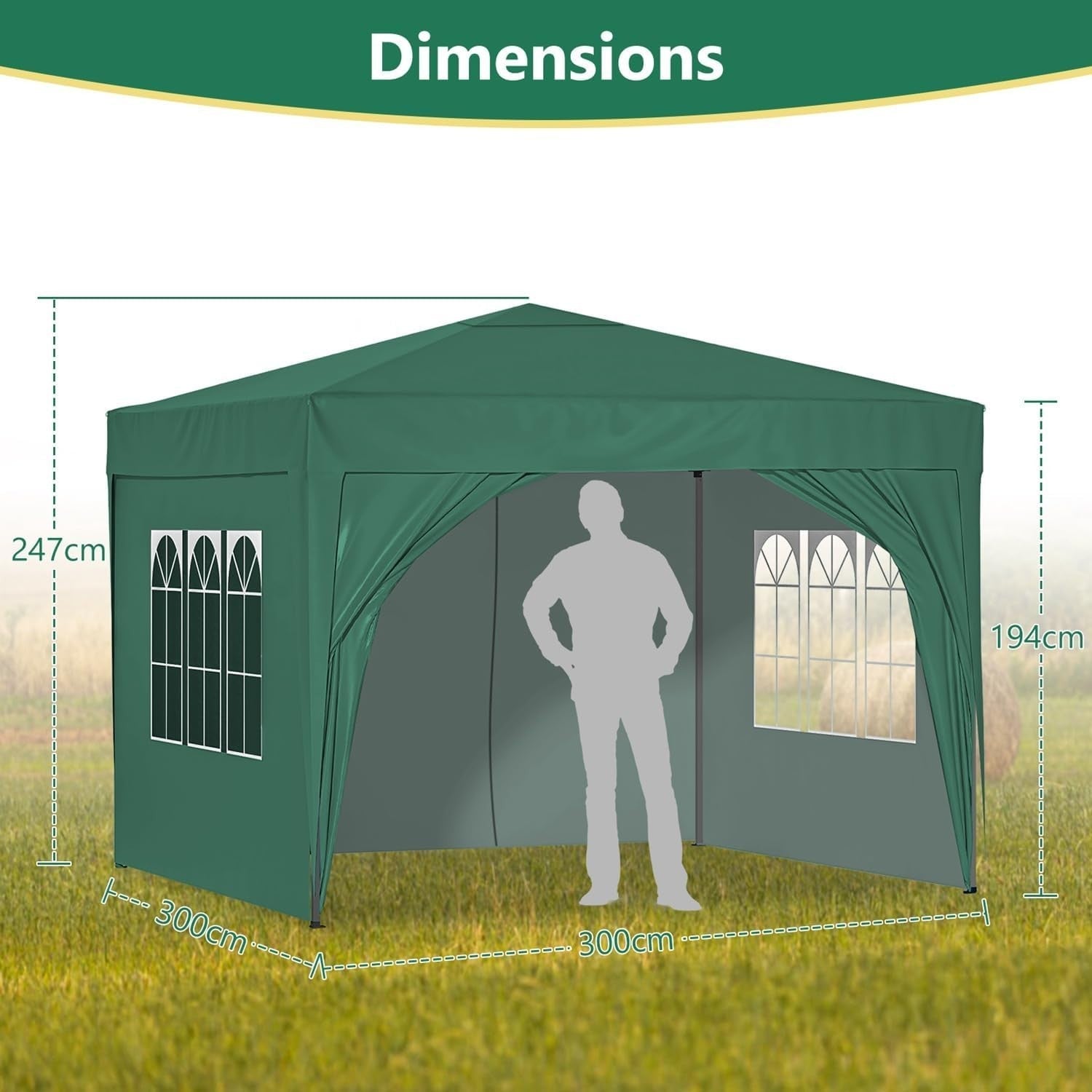 3x3M Pop Up Gazebo With Sides Waterproof Garden Party Tent Steel Frame & Weight