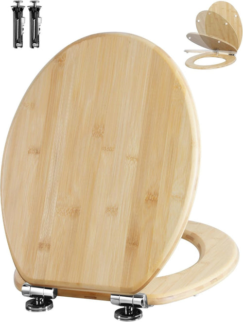 Bamboo Toilet Seat Soft Close O Shape Quick Release Adjustable Top Fix 45x37cm