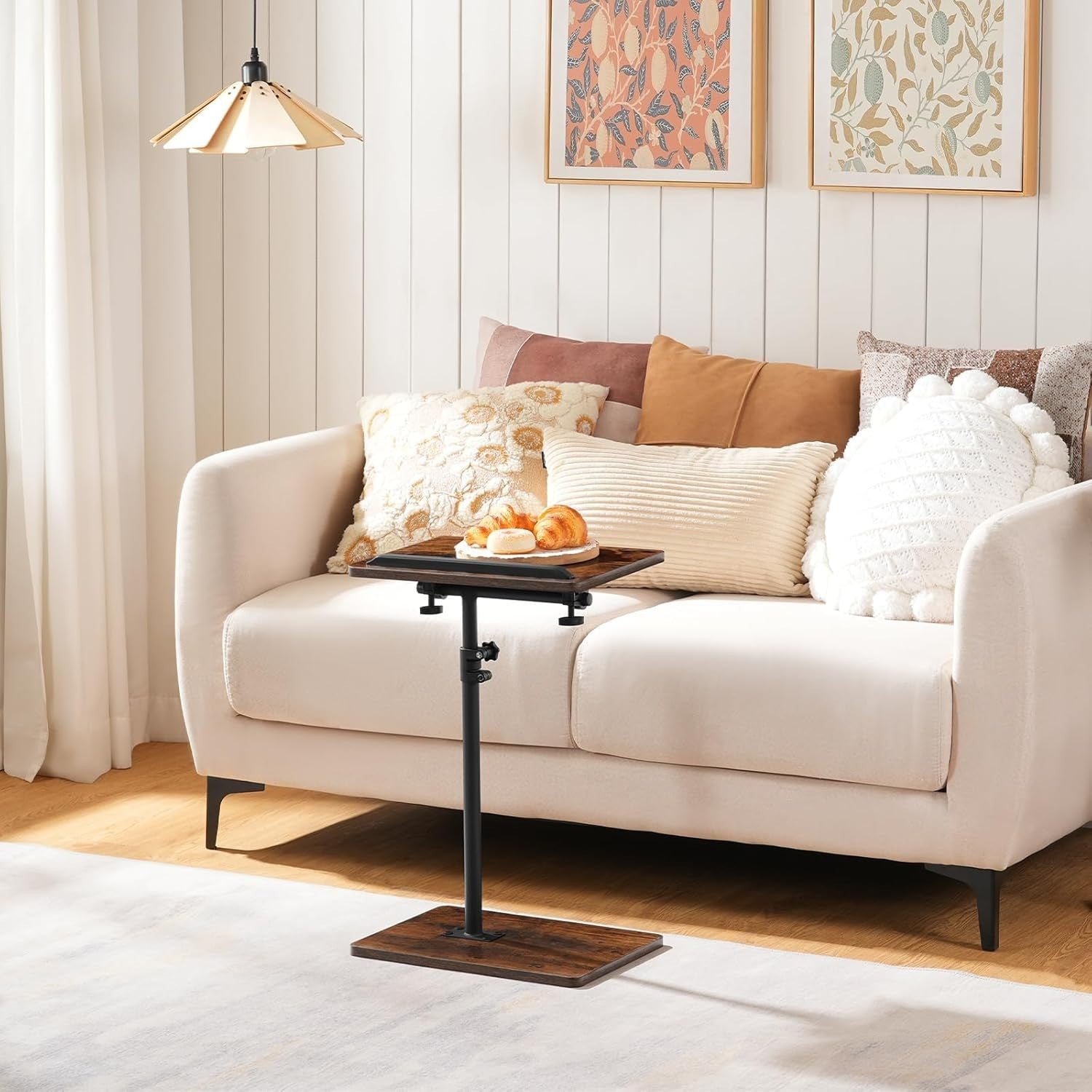 Rustic Adjustable C-Shaped Side Table 360° Rotating Tilt Top w/ Slot