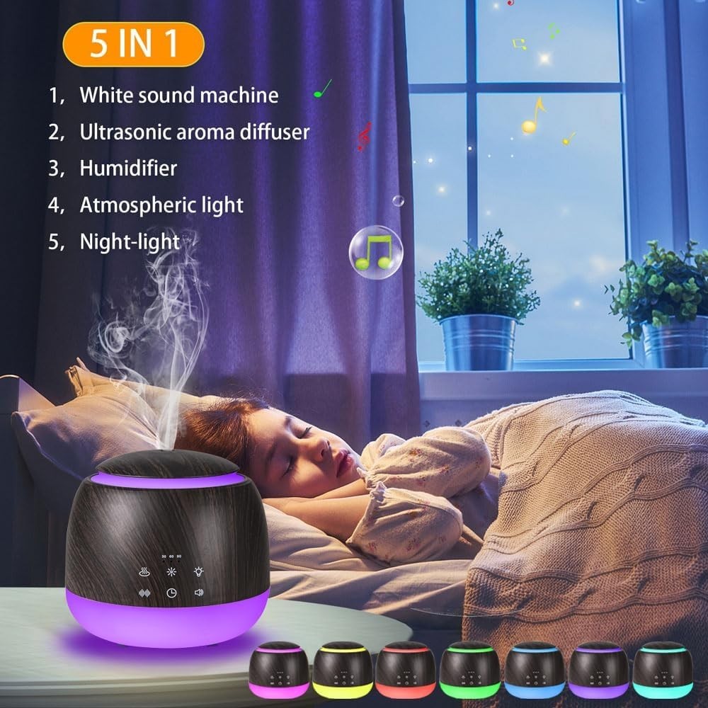 White Noise Sound Machine & Essential Oil Diffuser, Night Light & Timer