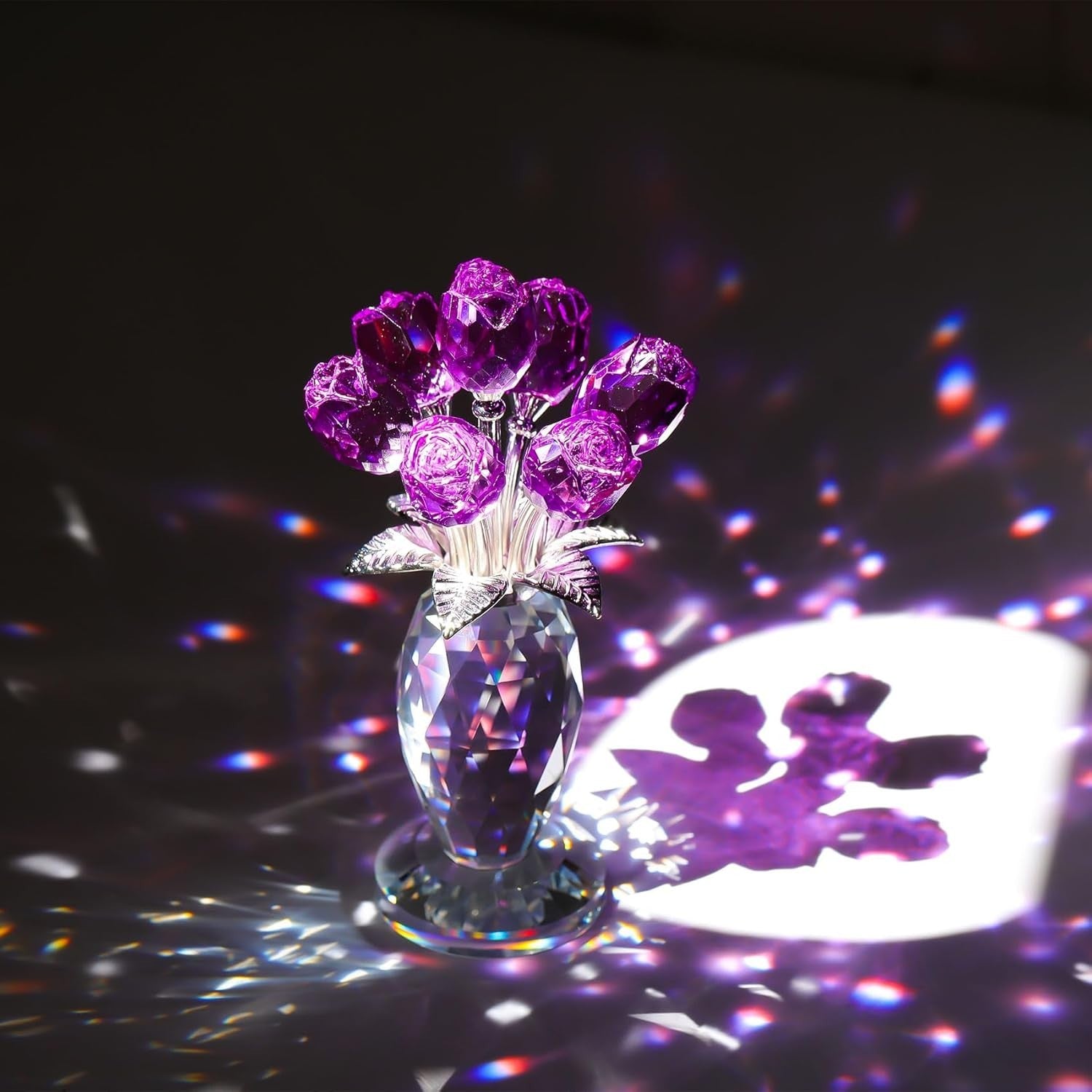 Purple Crystal Rose Bouquet Ornament Glass Flower Figurine Gift for Mum Wife