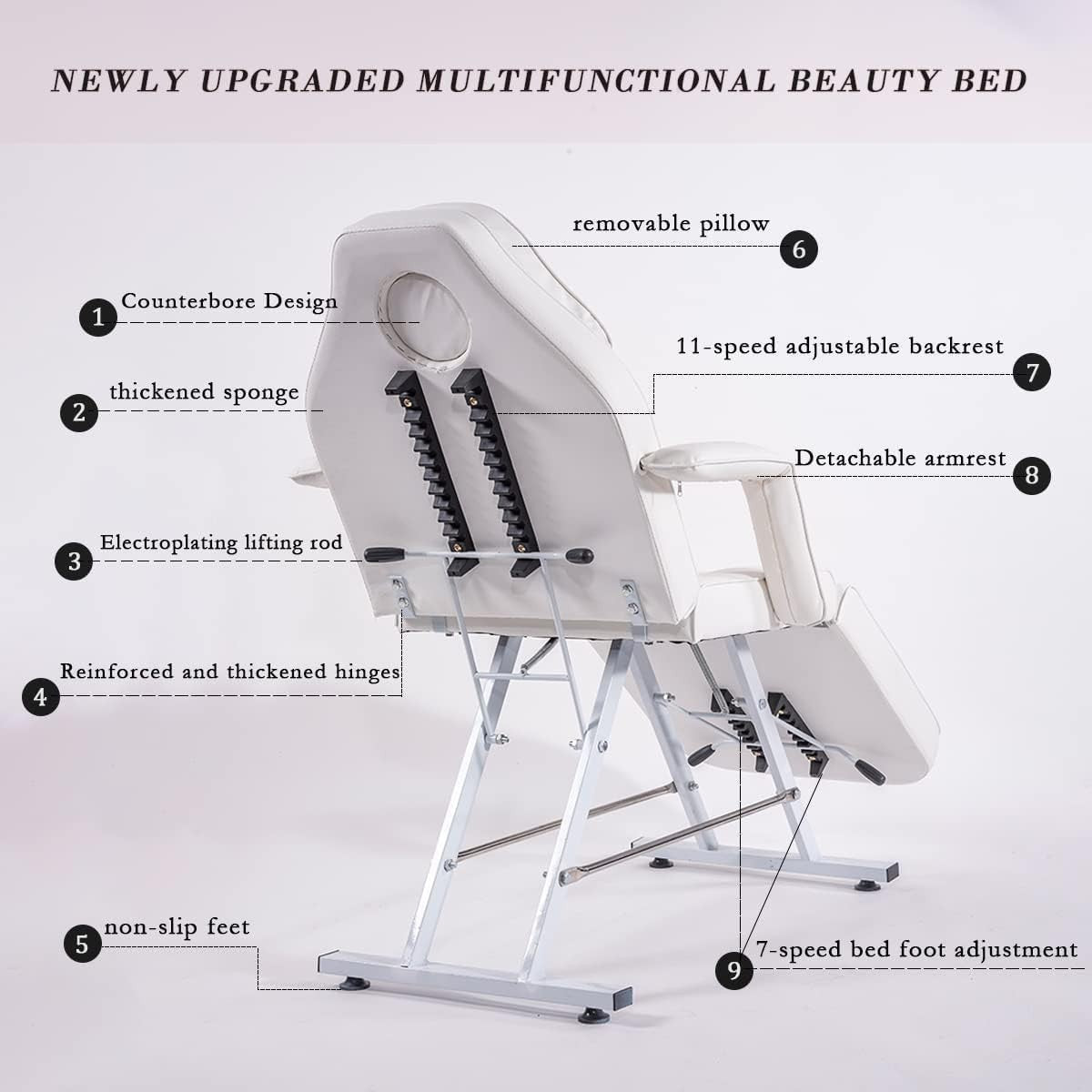 3-Section Adjustable Beauty Massage Bed w/ Stool Sheets Lash Tattoo Spa Table